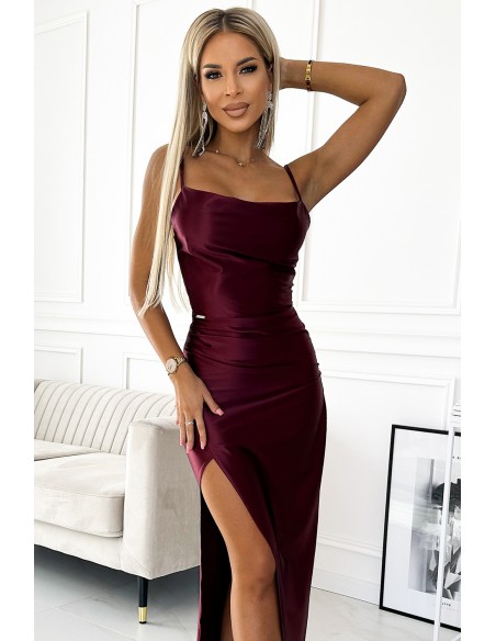  483-4 DIANE satin long dress with a leg slit - Burgundy color 