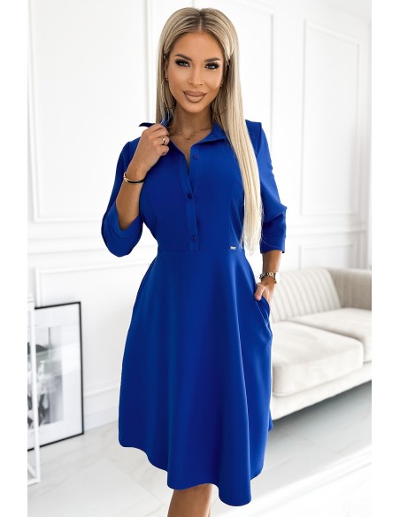  286-6 SANDY Flared shirt dress with a belt - blue 