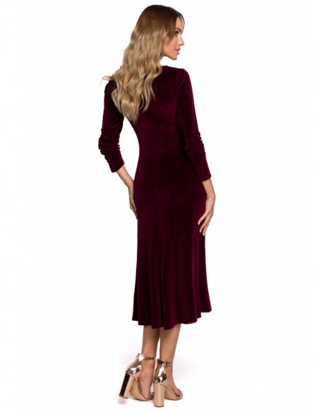 M557 Velvet Midi Dress With Gathered Sleeves - maroon