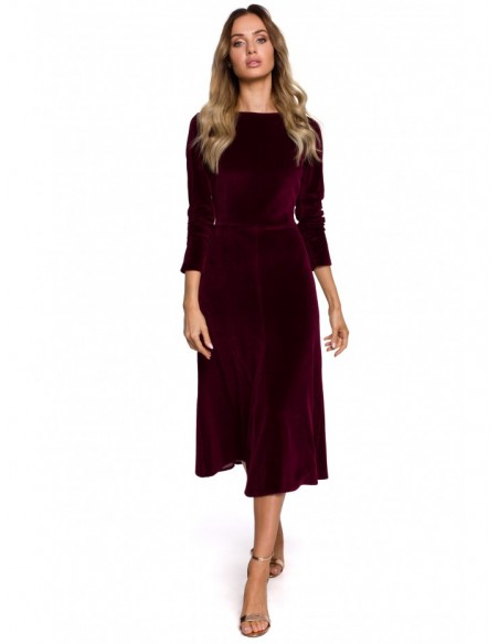 M557 Velvet Midi Dress With Gathered Sleeves - maroon