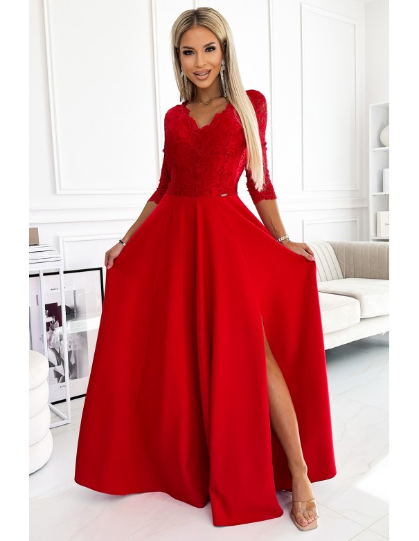  309-8 AMBER lace, elegant long dress with a neckline and leg slit - red 