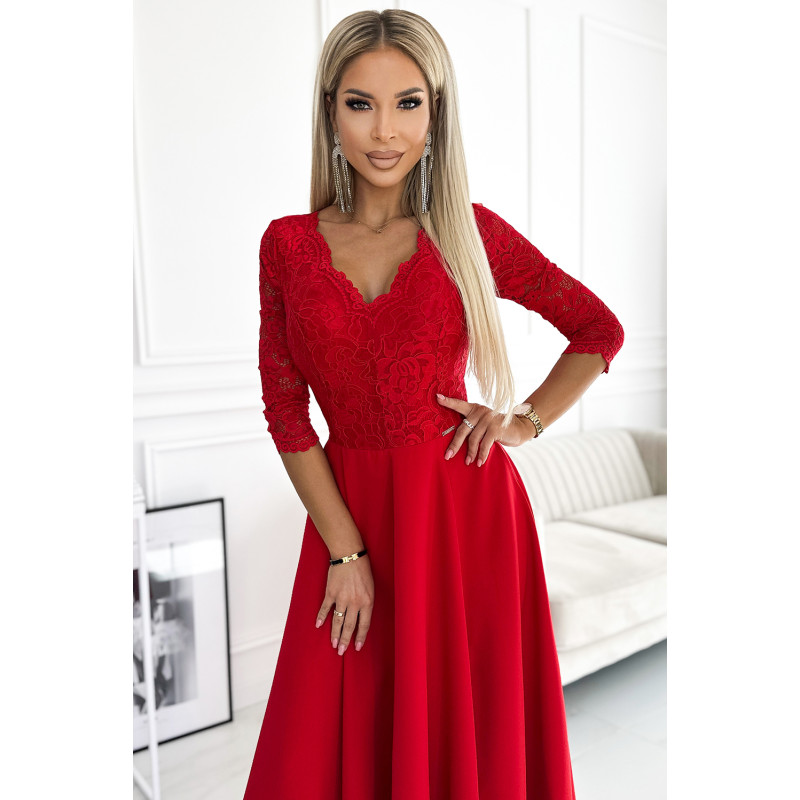309-8 AMBER lace, elegant long dress with a neckline and leg slit - red  2