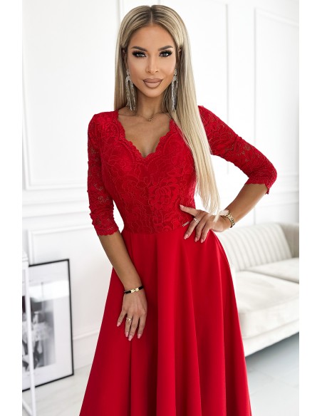  309-8 AMBER lace, elegant long dress with a neckline and leg slit - red 