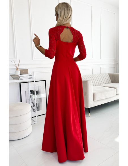  309-8 AMBER lace, elegant long dress with a neckline and leg slit - red 