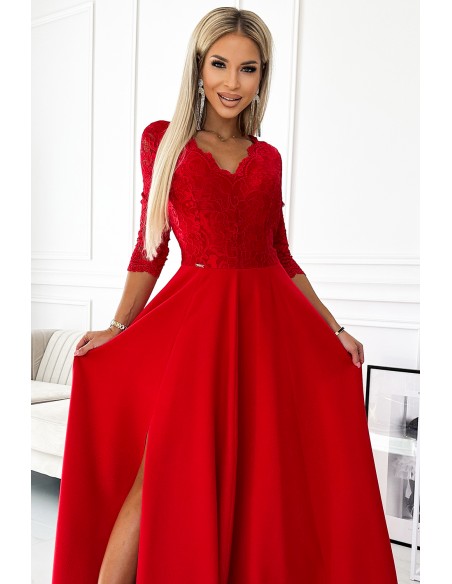  309-8 AMBER lace, elegant long dress with a neckline and leg slit - red 