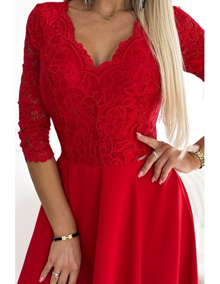  309-8 AMBER lace, elegant long dress with a neckline and leg slit - red 