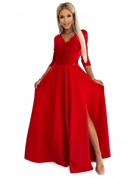  309-8 AMBER lace, elegant long dress with a neckline and leg slit - red 