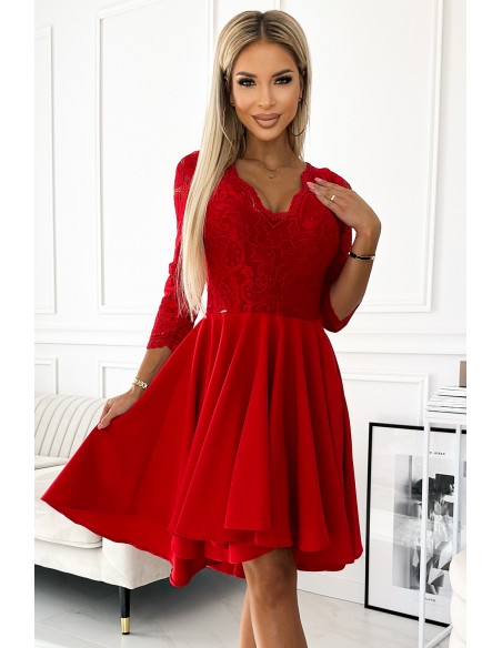  210-16 NICOLLE - dress with lace neckline and longer back - red 