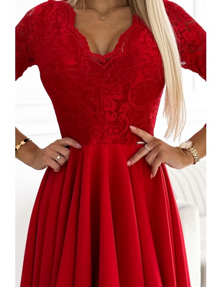  210-16 NICOLLE - dress with lace neckline and longer back - red 