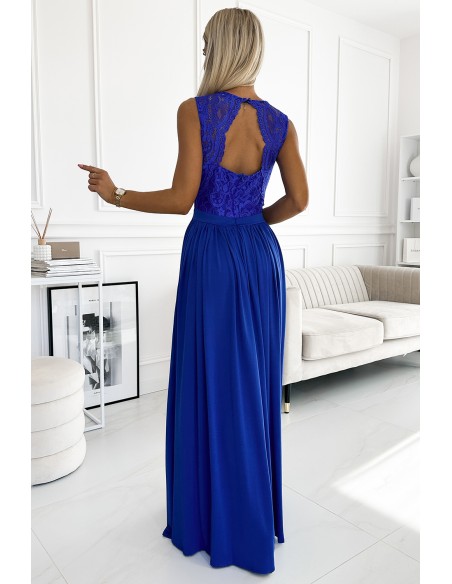  211-7 LEA long dress with lace neckline - royal blue 