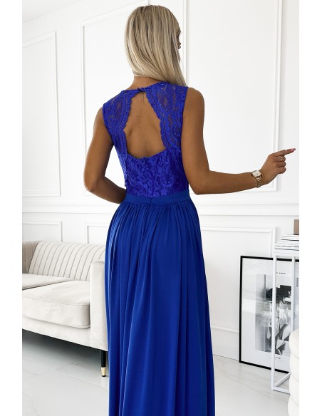  211-7 LEA long dress with lace neckline - royal blue 