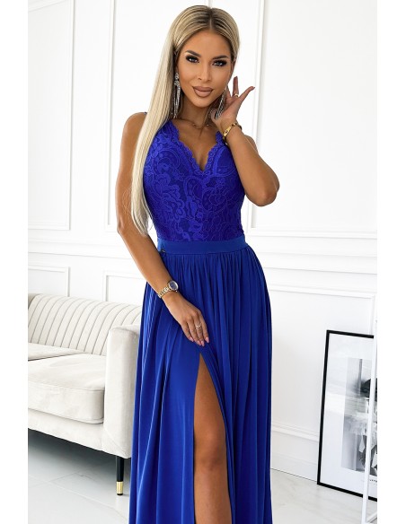  211-7 LEA long dress with lace neckline - royal blue 