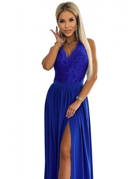  211-7 LEA long dress with lace neckline - royal blue 