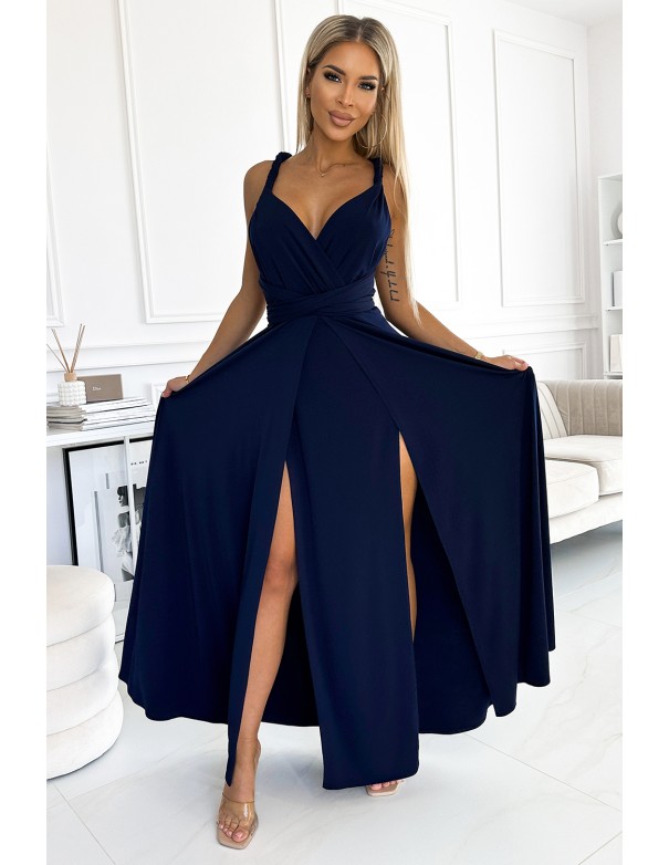  509-1 Elegant long dress tied in many ways - navy blue 