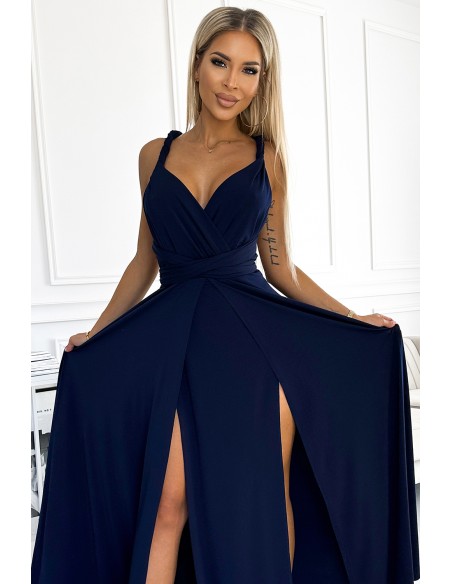  509-1 Elegant long dress tied in many ways - navy blue 