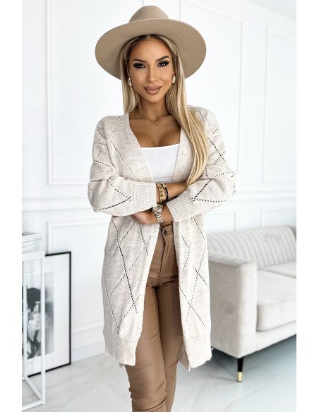  486-2 Cardigan - sweater cape with a longer back in openwork diamonds - Beige 