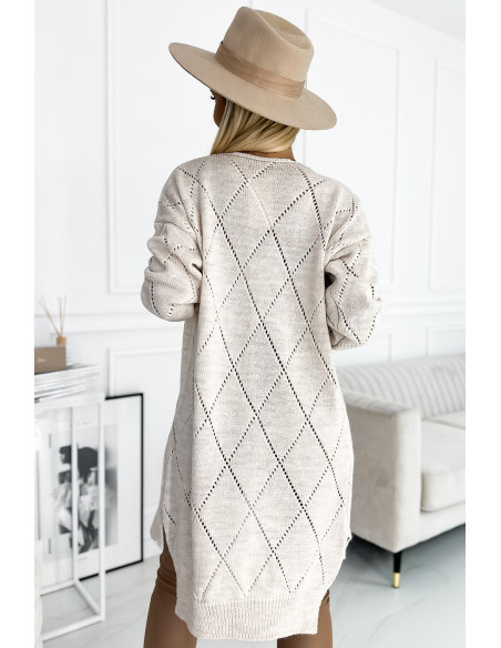  486-2 Cardigan - sweater cape with a longer back in openwork diamonds - Beige 