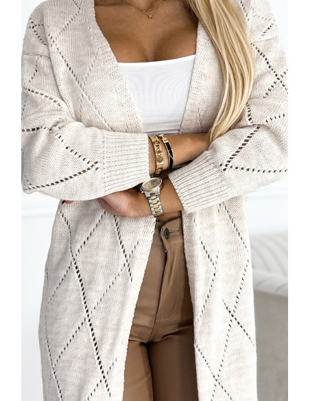  486-2 Cardigan - sweater cape with a longer back in openwork diamonds - Beige 