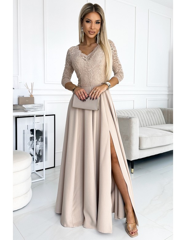  309-10 AMBER lace, elegant long dress with a neckline and leg slit - beige 