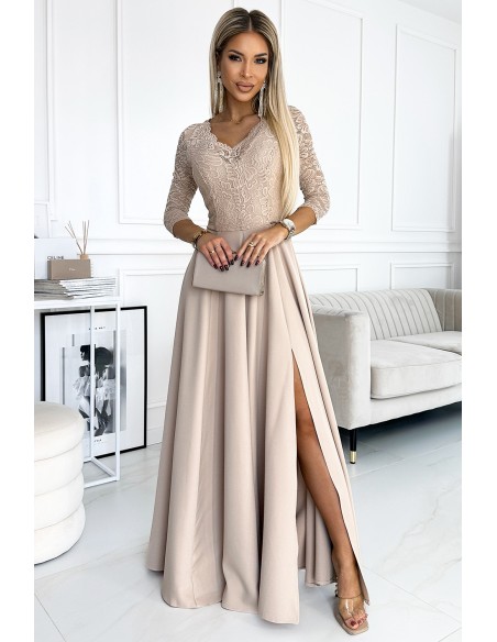  309-10 AMBER lace, elegant long dress with a neckline and leg slit - beige 