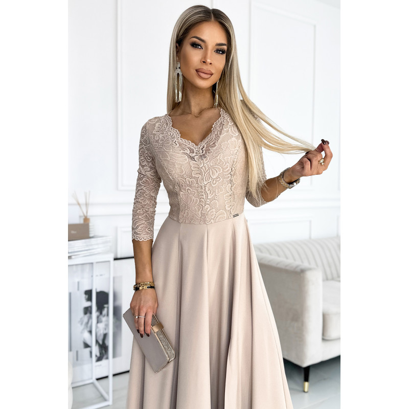 309-10 AMBER lace, elegant long dress with a neckline and leg slit - beige  2