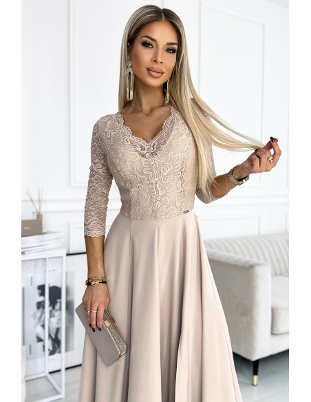  309-10 AMBER lace, elegant long dress with a neckline and leg slit - beige 