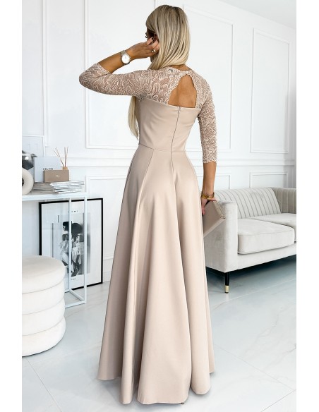  309-10 AMBER lace, elegant long dress with a neckline and leg slit - beige 