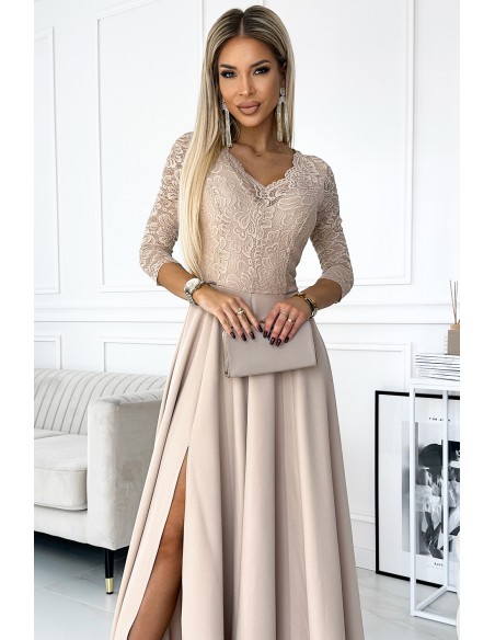  309-10 AMBER lace, elegant long dress with a neckline and leg slit - beige 