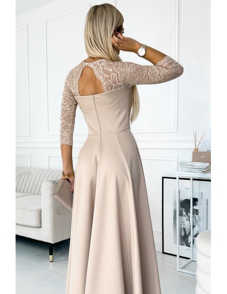  309-10 AMBER lace, elegant long dress with a neckline and leg slit - beige 