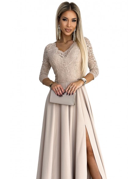  309-10 AMBER lace, elegant long dress with a neckline and leg slit - beige 