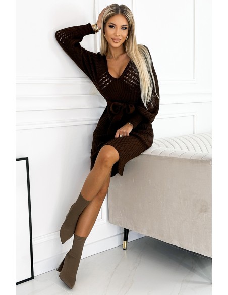  507-3 Openwork sweater dress with a neckline and ties - chocolate color 