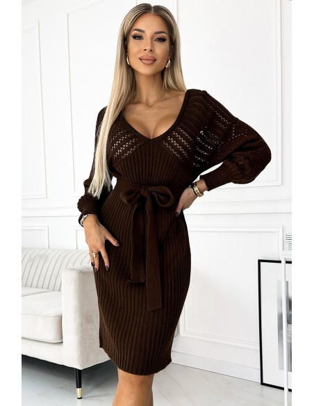  507-3 Openwork sweater dress with a neckline and ties - chocolate color 