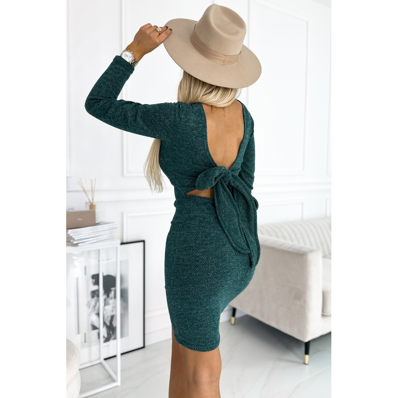 518-1 Comfortable sweater dress with a bow on the back - green  2