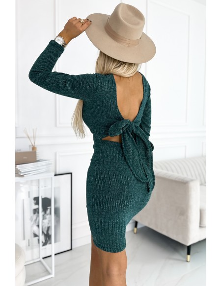  518-1 Comfortable sweater dress with a bow on the back - green 