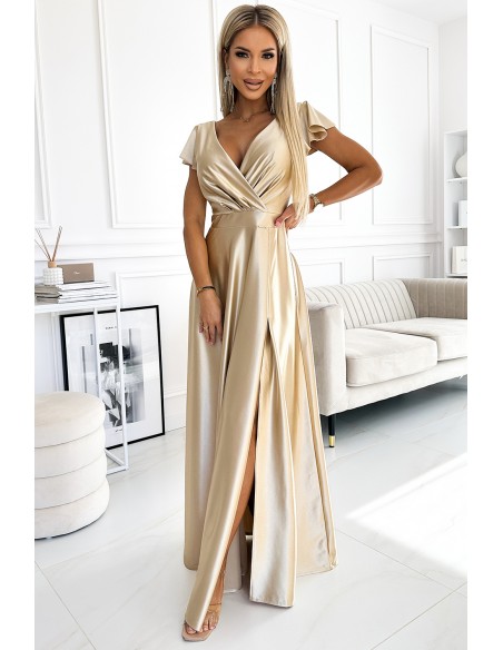  411-7 CRYSTAL satin long dress with a neckline - gold 