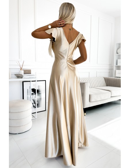  411-7 CRYSTAL satin long dress with a neckline - gold 