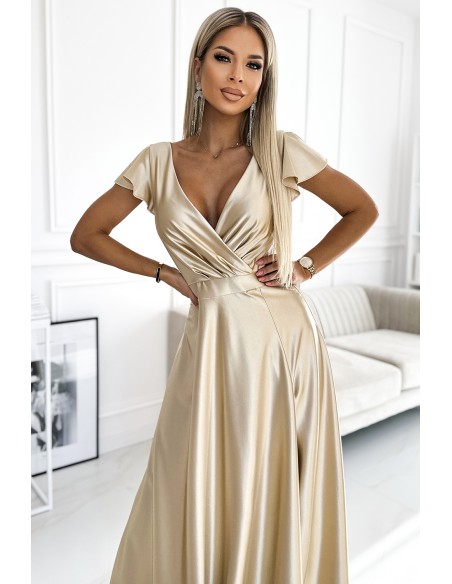  411-7 CRYSTAL satin long dress with a neckline - gold 