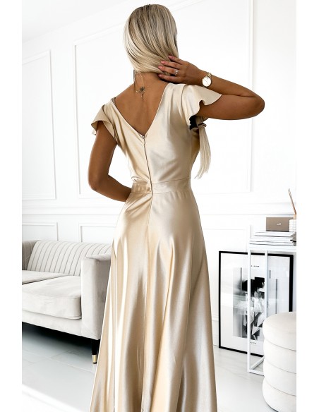  411-7 CRYSTAL satin long dress with a neckline - gold 