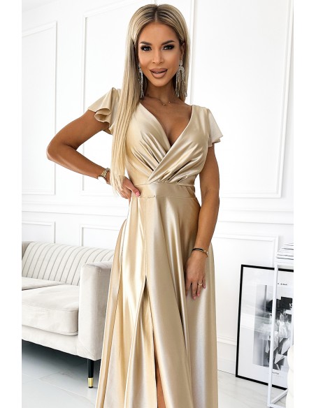  411-7 CRYSTAL satin long dress with a neckline - gold 