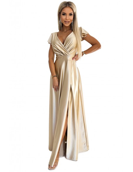  411-7 CRYSTAL satin long dress with a neckline - gold 