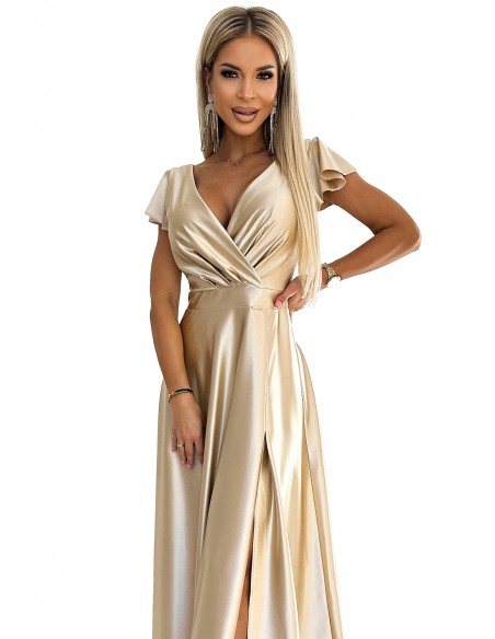  411-7 CRYSTAL satin long dress with a neckline - gold 