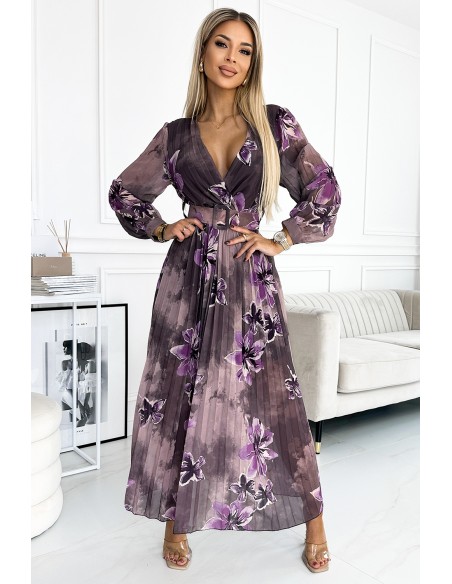  520-1 Pleated chiffon long dress with a neckline, long sleeves and a wide belt - purple large flowers 