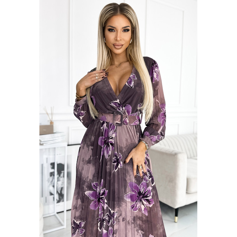  520-1 Pleated chiffon long dress with a neckline, long sleeves and a wide belt - purple large flowers  2