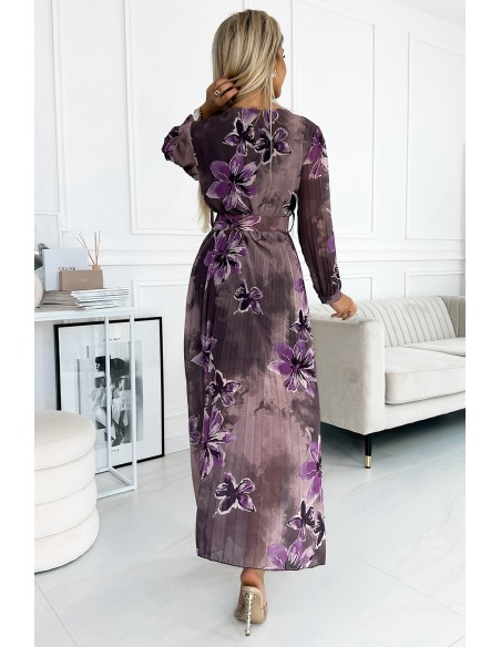  520-1 Pleated chiffon long dress with a neckline, long sleeves and a wide belt - purple large flowers 