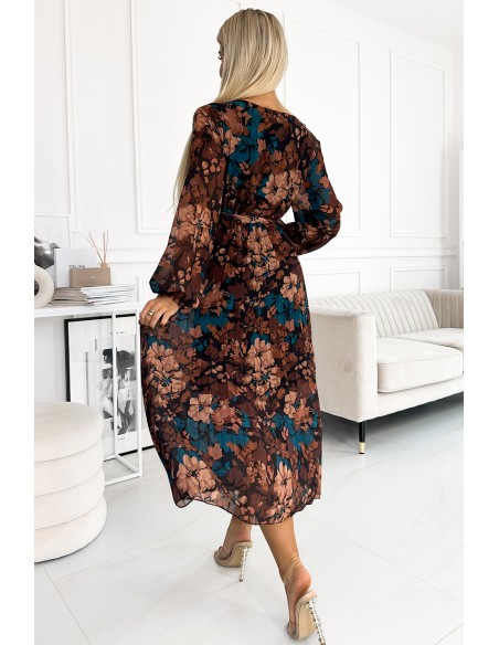  519-2 Pleated chiffon long dress with a neckline, long sleeves and a belt - brown-blue flowers 