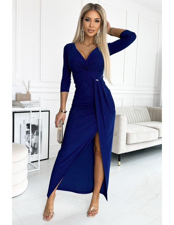  404-8 Shiny dress with a neckline and a slit on the leg - blue with glitter 