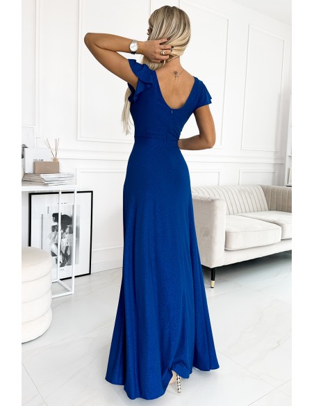  411-9 CRYSTAL long shimmering dress with a neckline - Blue 