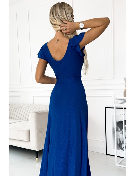  411-9 CRYSTAL long shimmering dress with a neckline - Blue 