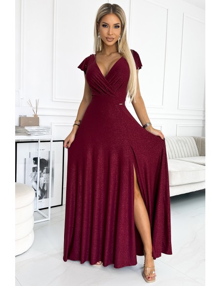  411-8 CRYSTAL long shimmering dress with a neckline - Burgundy color 