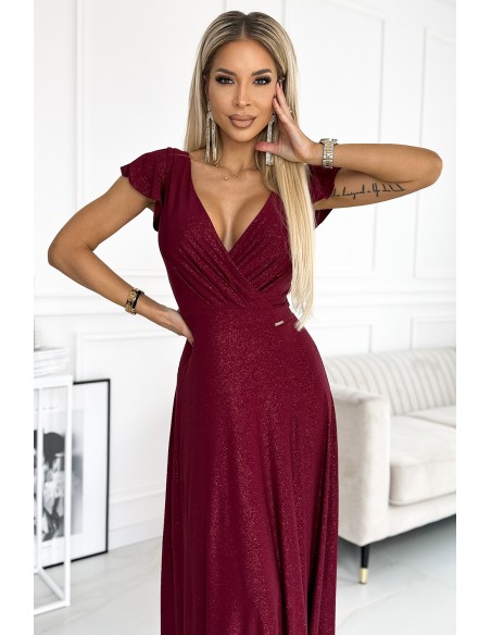  411-8 CRYSTAL long shimmering dress with a neckline - Burgundy color 